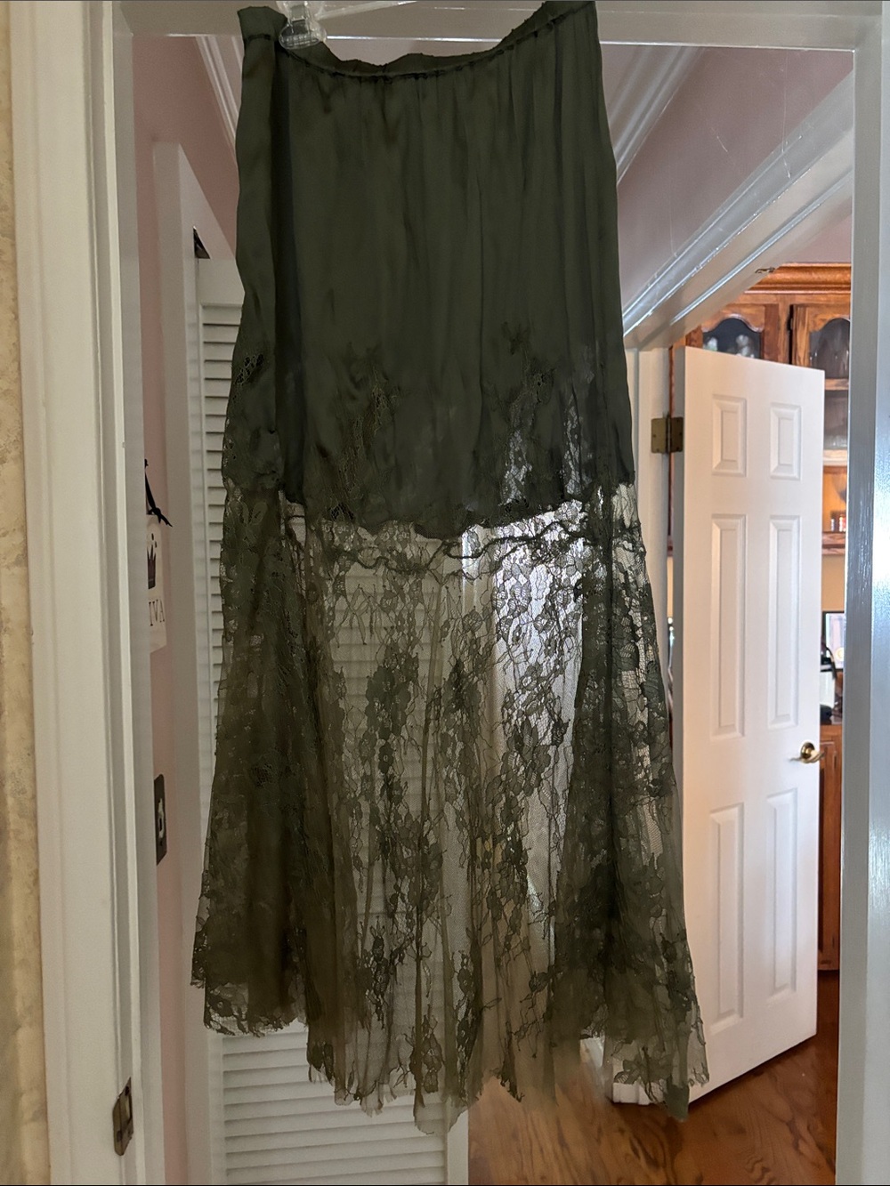 Anthropologie Olive Green Lace Midi Skirt